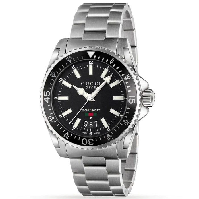 Gucci Dive men's watch with black dial and stainless steel bracelet