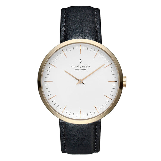 Nordgreen Infinity Black Leather 32mm Gold Case Watch