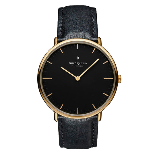 Nordgreen Native Black Leather 32mm Gold Case Watch