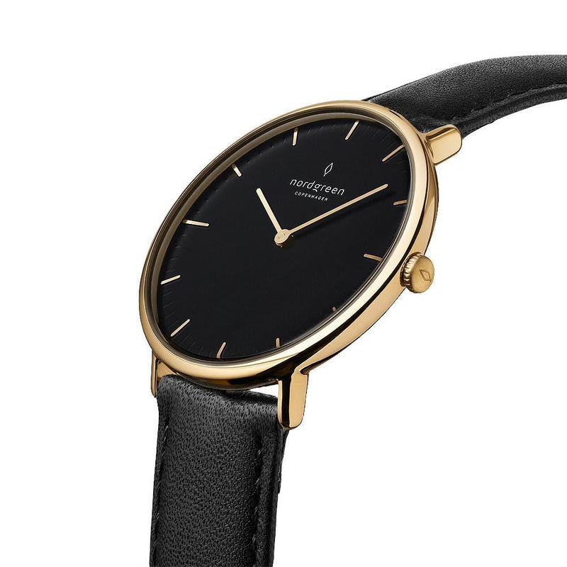 Analogue Watch - Nordgreen Native Black Leather 32mm Gold Case Watch