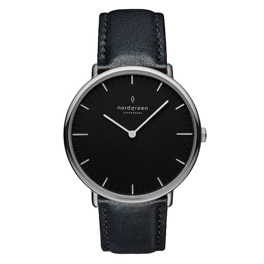 Nordgreen Native Black Leather 32mm Silver Case Watch
