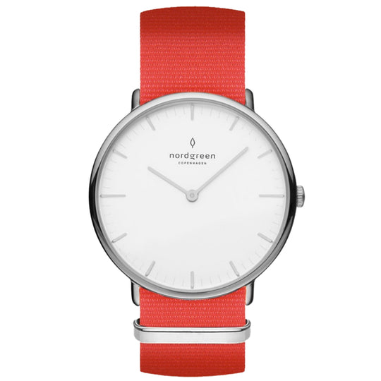 Nordgreen Native  Bright Red Nylon 36mm Silver Case Watch