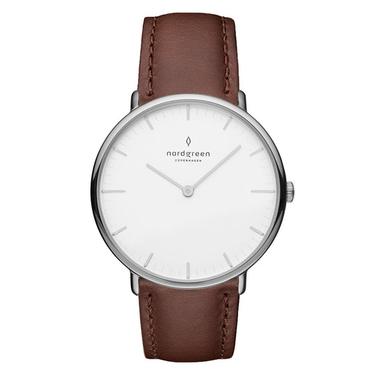Nordgreen Native Dark Brown Leather 36mm Silver Case Watch