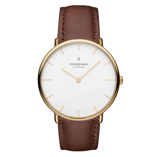 Nordgreen Native Dark Brown Leather 40mm Gold Case Watch