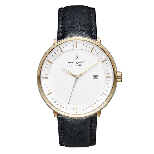 Nordgreen Philosopher Black Leather 36mm Gold Case Watch