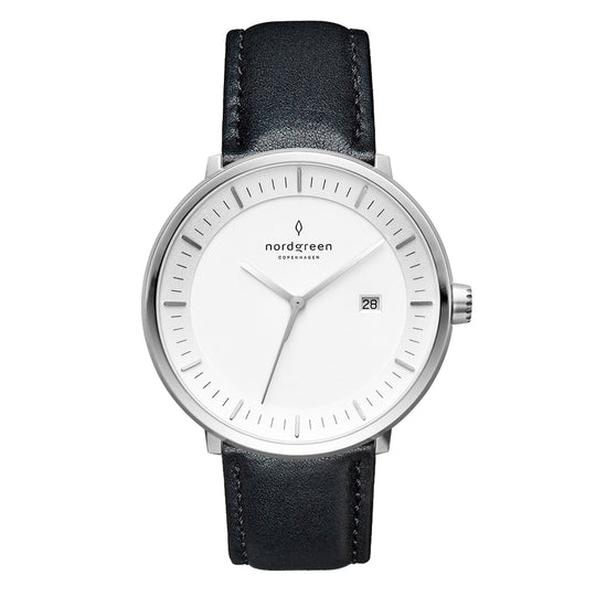 Nordgreen Philosopher Black Leather 36mm Silver Case Watch