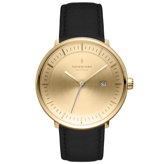 Nordgreen Philosopher Black Leather 40mm Gold Brushed Metal Dial Watch
