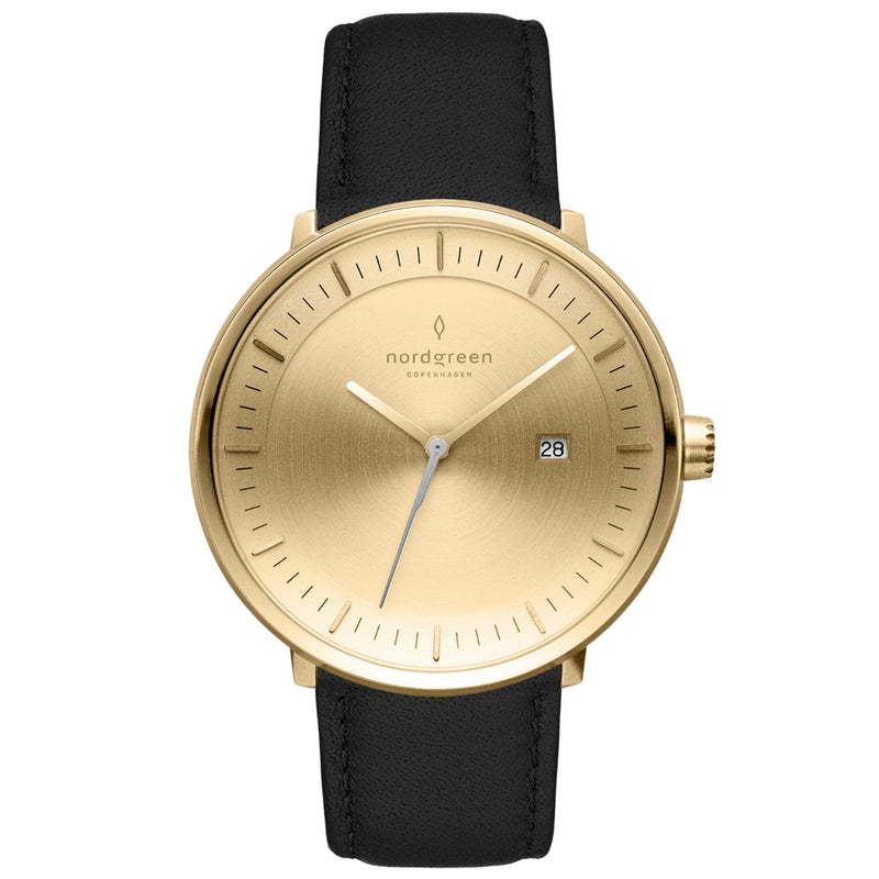 Analogue Watch - Nordgreen Philosopher Black Leather 40mm Gold Brushed Metal Dial Watch