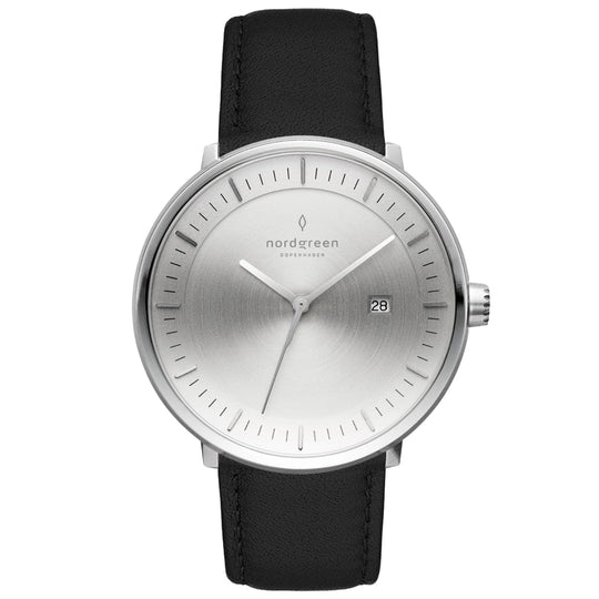 Nordgreen Philosopher Black Leather 40mm Silver Brushed Metal Dial Watch
