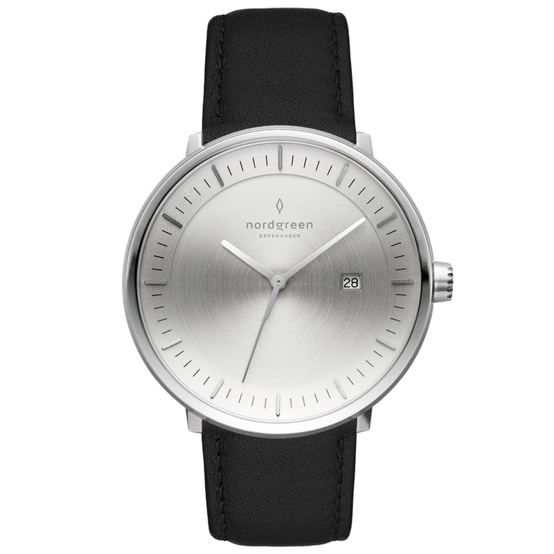 Analogue Watch - Nordgreen Philosopher Black Leather 40mm Silver Brushed Metal Dial Watch