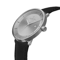 Analogue Watch - Nordgreen Philosopher Black Leather 40mm Silver Brushed Metal Dial Watch