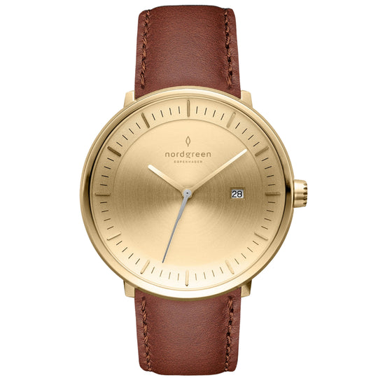 Nordgreen Philosopher Brown Leather 36mm Gold Brushed Metal Dial Watch