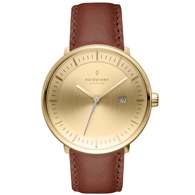 Analogue Watch - Nordgreen Philosopher Brown Leather 36mm Gold Brushed Metal Dial Watch