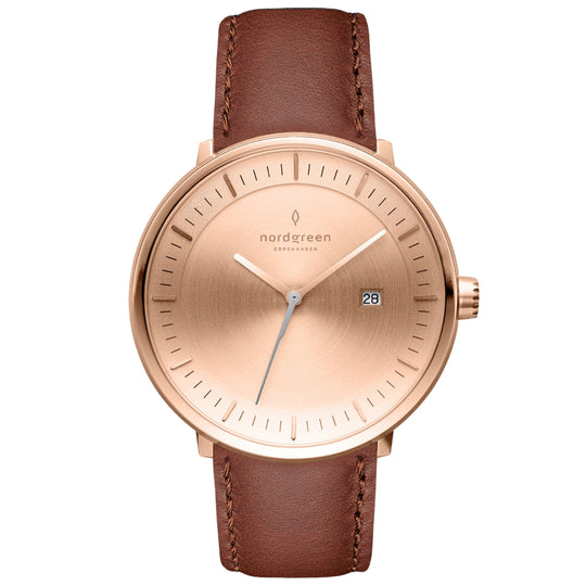 Nordgreen Philosopher Brown Leather 36mm Rose Gold Brushed Metal Dial Watch