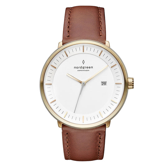 Nordgreen Philosopher Brown Leather Gold 40mm Gold Case Watch