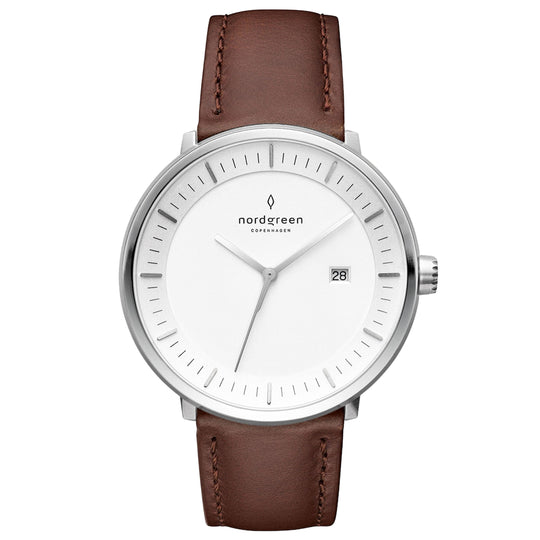 Nordgreen Philosopher Dark Brown Leather 36mm Silver Case Watch