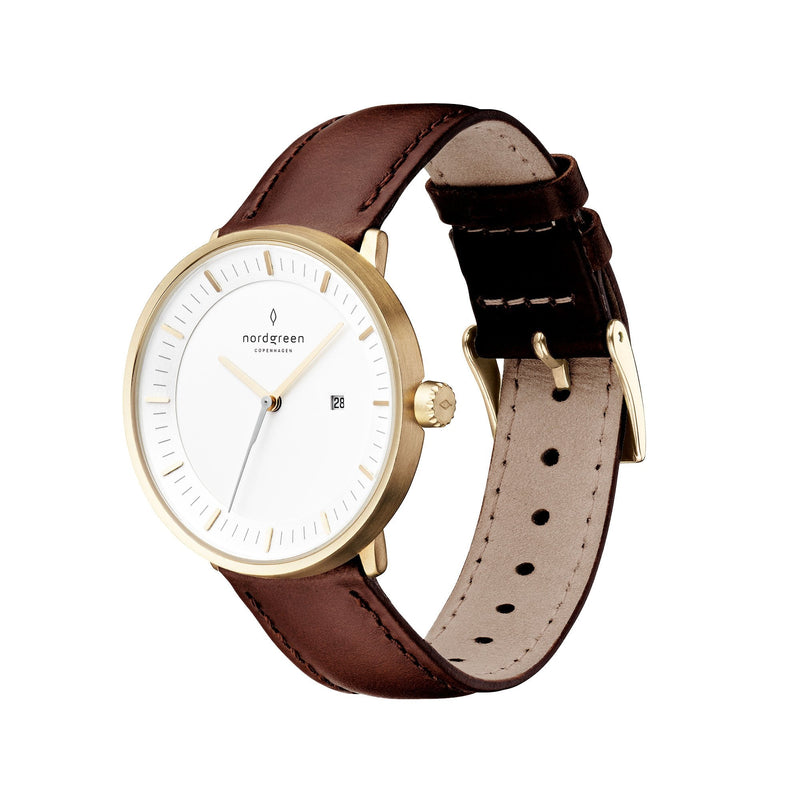 Analogue Watch - Nordgreen Philosopher Dark Brown Leather 40mm Gold Case Watch