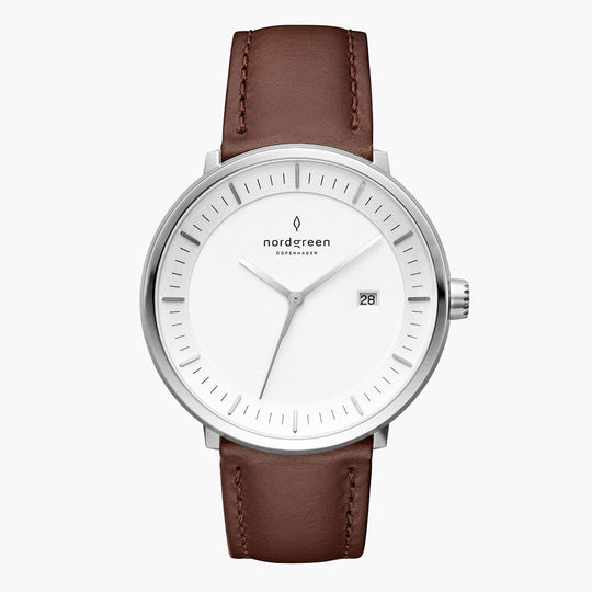 Nordgreen Philosopher Dark Brown Leather 40mm Silver Case Watch