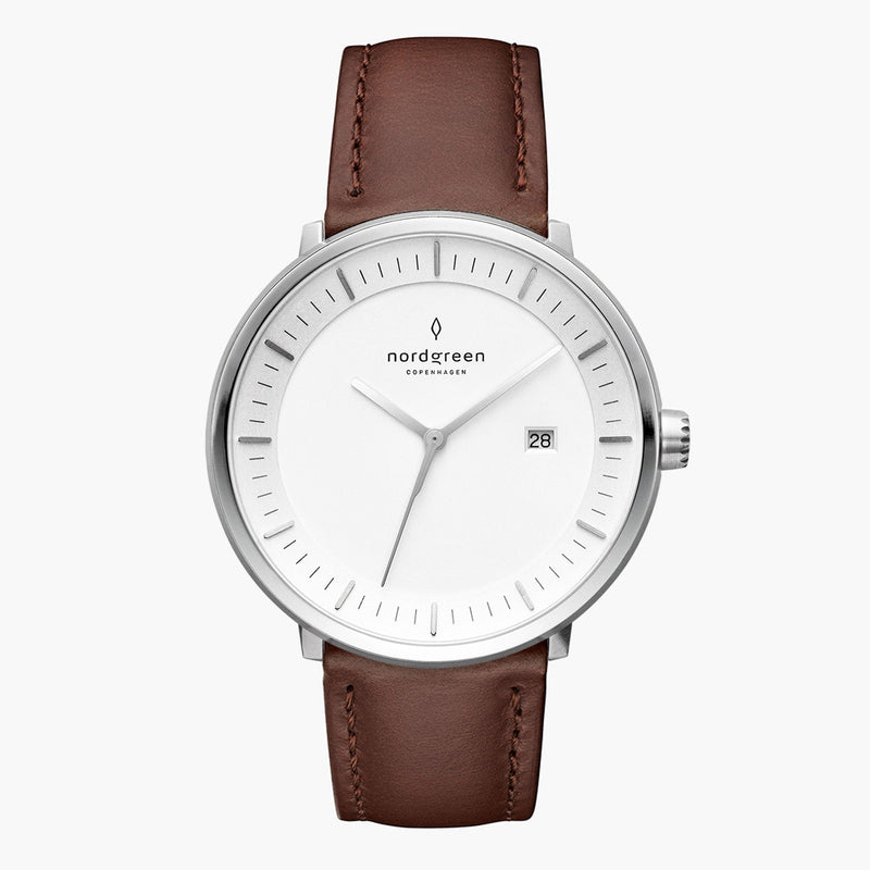 Analogue Watch - Nordgreen Philosopher Dark Brown Leather 40mm Silver Case Watch