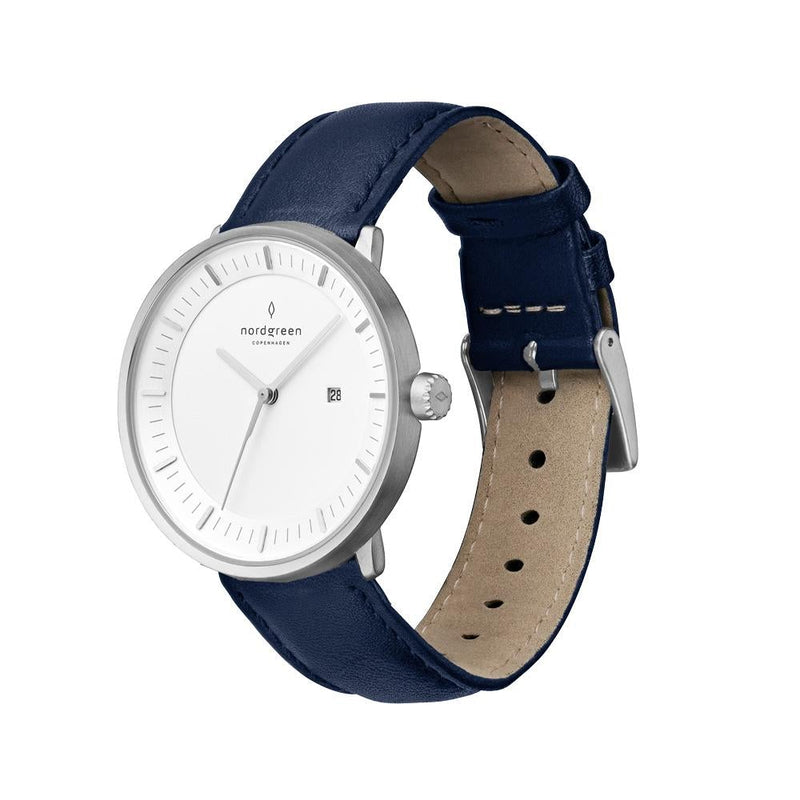Analogue Watch - Nordgreen Philosopher Navy Leather 36mm Silver Case Watch