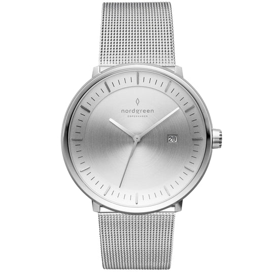 Nordgreen Philosopher Silver Mesh 36mm Silver Brushed Metal Dial Watch