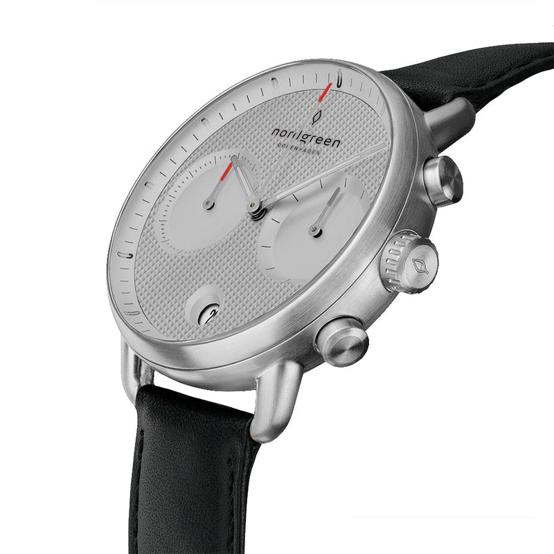 Analogue Watch - Nordgreen Pioneer Black Leather 42mm Silver Case Watch