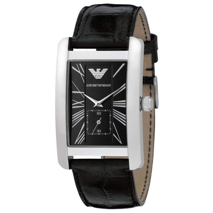 Emporio Armani men's rectangular watch with black dial and leather strap