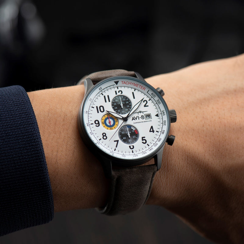 Chronograph Watch - AVI-8 Ivory Greyscale Hawker Hurricane Chronograph Watch AV-4011-0B