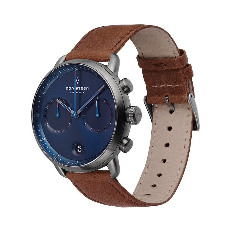 Chronograph Watch - Nordgreen Pioneer Brown Leather 42mm Gunmetal Case Watch