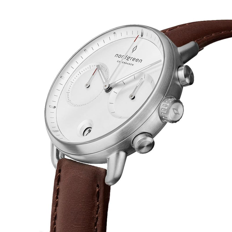 Chronograph Watch - Nordgreen Pioneer Dark Brown Leather 42mm Silver Case Watch