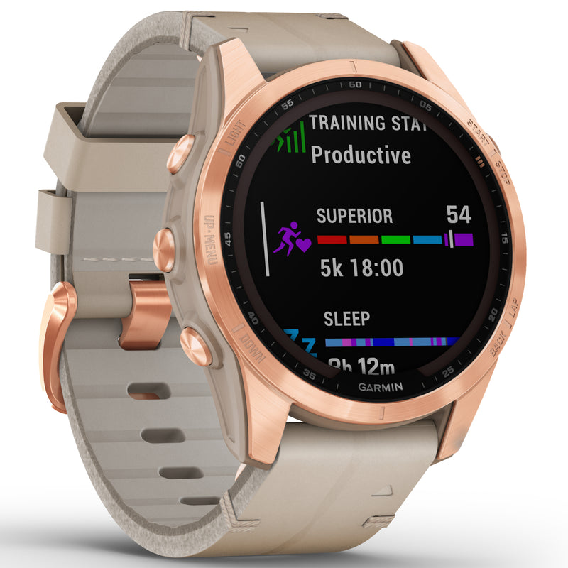 Smart Watch - Garmin Fenix® 7S Sapphire Solar Edition Rose Gold Titanium With Limestone Leather Smartwatch 010-02539-35