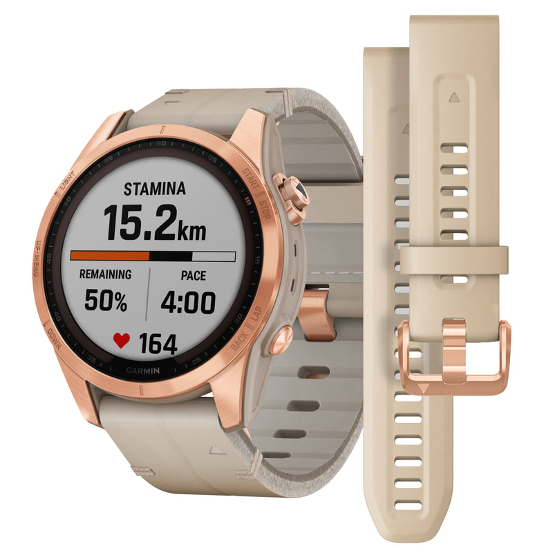 Smart Watch - Garmin Fenix® 7S Sapphire Solar Edition Rose Gold Titanium With Limestone Leather Smartwatch 010-02539-35